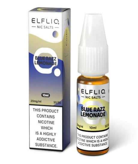 Packaging and a bottle of ElfLiq by Elfbar Blue Razz Lemonade nic salt e-liquid, labeled accordingly, are placed side by side. The packaging states it contains nicotine and is highly addictive.