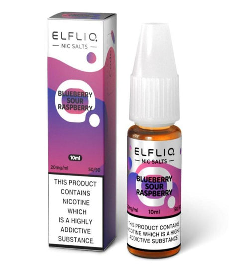 A product image featuring ElfLiq by Elfbar nicotine salt e-liquid in a Blueberry Sour Raspberry flavor, displayed in a 10ml bottle next to its packaging which warns that the product contains nicotine