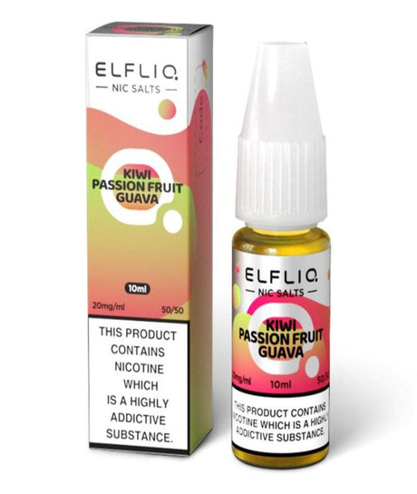 A ElfLiq by Elfbar image showing a box labeled "Elfbar ElfLiq Nic Salts Kiwi Passion Fruit Guava" next to a small e-liquid bottle with the same label, both indicating nicotine content and a warning about addictiveness.