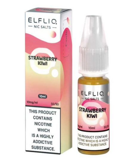 Box and bottle of ElfLiq by Elfbar ElfLiq Nic Salts strawberry Kiwi - 10ml, marked with '10mg/ml' and '10ml', feature warnings about nicotine content.