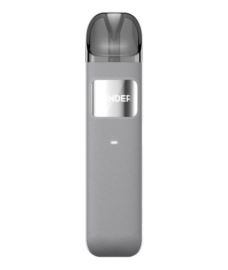 A silver Geekvape Sonder U pen with a textured design featuring a rectangular display window labeled "ndef" above a small circular button.