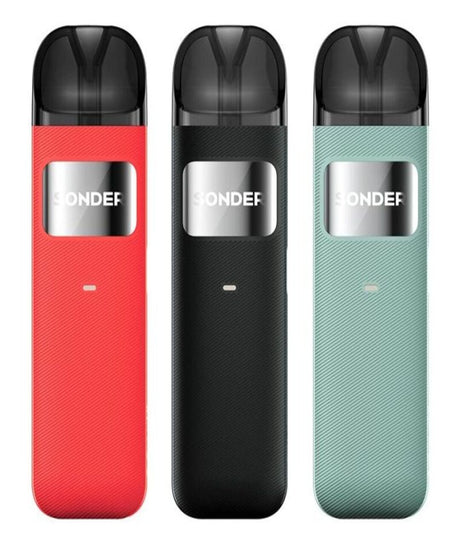 Three sleek vaping devices in red, black, and green, each labeled "Geekvape Sonder U Kit," aligned vertically against a white background.