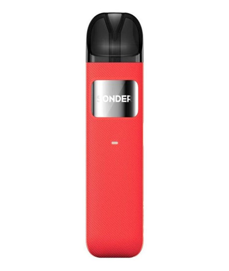 A red Geekvape Sonder U Kit with a sleek design featuring a black top and a white brand logo that reads "s0ndef" centered on its body.