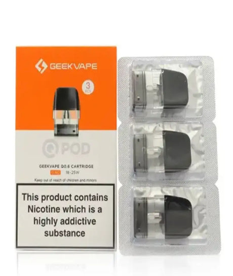 A package of Geekvape Q Pods - 3 Pack, displaying three black pods in sealed plastic packaging, alongside an orange and white box warning about nicotine content.