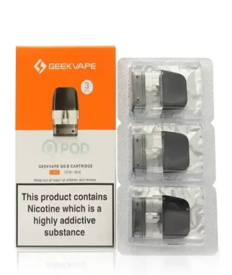 Packaging and cartridges for Geekvape Q Pods - 3 Pack, featuring three refillable pod cartridges displayed in front of its box with a nicotine warning label.