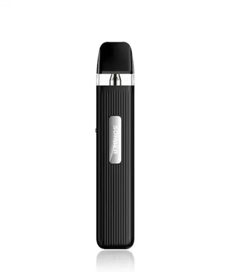 A black Geekvape sonder Q vaping device with a sleek, rectangular design featuring a black mouthpiece and ridged body for Mouth to Lung (MTL) inhalation, isolated on a white background.