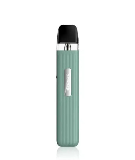 A vertical image of a green portable Geekvape sonder Q kit with textured design, featuring a dark mouthpiece for Mouth to Lung (MTL) inhalation and a visible brand logo 'smok' in.