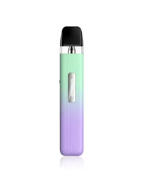 A gradient-colored Geekvape Sonder Q kit, with a sleek design transitioning from turquoise at the top to purple at the bottom, standing upright on a white background.