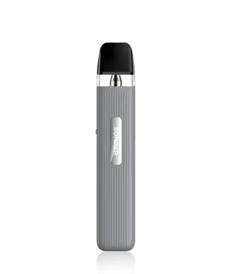 A slim, metallic gray Geekvape Sonder Q kit with a slick design, featuring a black mouthpiece at the top and the logo "smoker" prominently displayed in the center.