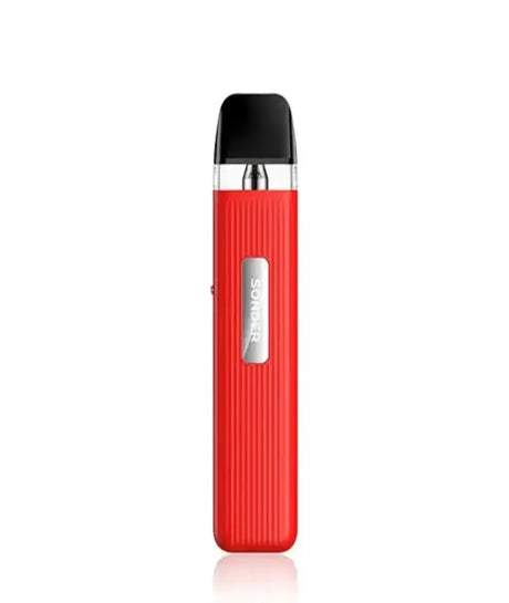 A red, elongated, portable vaping device with a black top labeled Geekvape sonder Q kit on a white and reflective background.