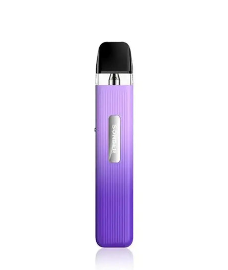 A purple, vertical, Geekvape Sonder Q kit vape device with a shiny black mouthpiece, branded with the word "smoker" on its body, isolated against a white background.