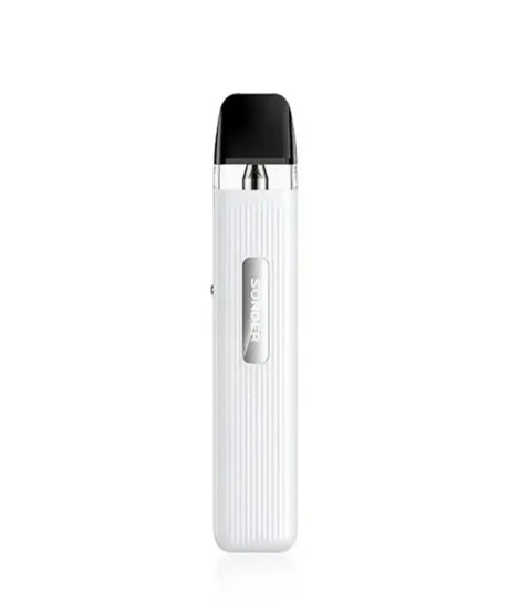 A white electronic cigarette with a black top and a branded logo saying "Geekvape sonder Q" in the center, set against a clean, white background.