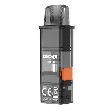 A 3D-rendered image of an Aspire Gotek X Pod with a clear chamber, digital display, and an orange lever. Markings include "made in China" and CE certification.