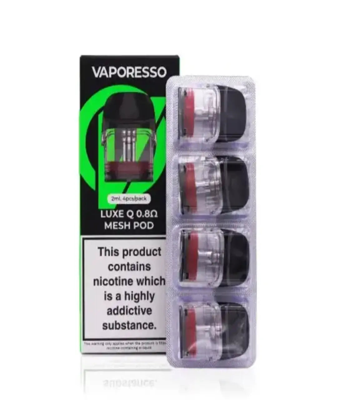 Packaging of Vaporesso Luxe Q Replacement Pods - 4 Pack, containing four pods, with a green and black box warning about nicotine content.