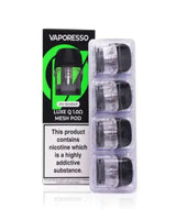 Packaging of Vaporesso Luxe Q Replacement Pods - 4 Pack, containing five small refillable vape pods, labeled with a nicotine warning.