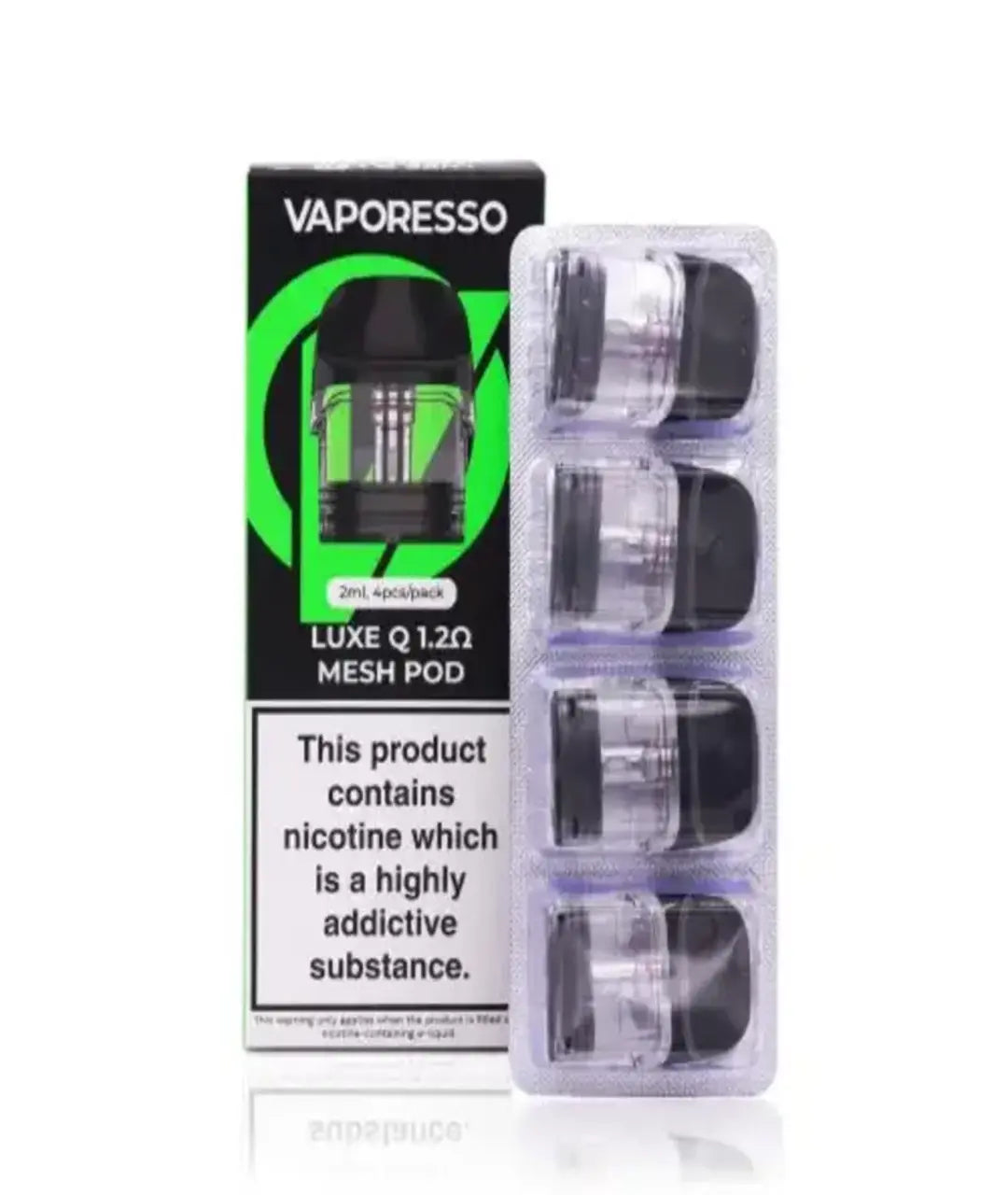 Packaging of Vaporesso Luxe Q Replacement Pods - 4 Pack for e-cigarettes, displaying a warning that the product contains nicotine, an addictive substance.