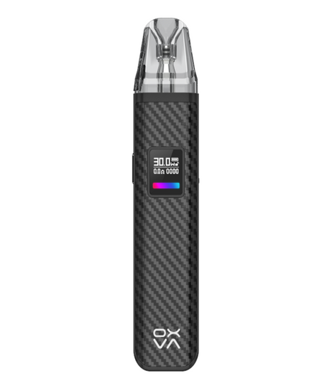 A modern digital vape pen with a carbon fiber design and a clear OLED display showing battery level and usage statistics. It also features an ergonomic Oxva Xlim Pro Pod Kit.