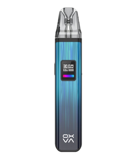 Oxva Xlim Pro Pod Kit in blue with a vertical brushed metal design featuring a large LED screen that displays vaping settings, including wattage and resistance levels, and adjustable airflow.