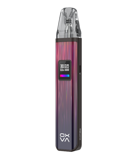 A modern mouth-to-lung vaping device with a digital display showing battery life and settings, featuring the sleek purple and black gradient design and adjustable airflow of the Oxva Xlim Pro Pod Kit.