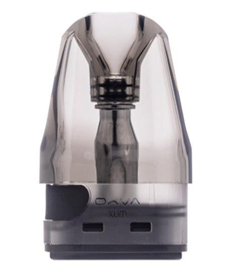 Close-up of a clear and black Oxva Xlim V2 Pods - 3 Pack for the OXVA Xlim Pod Kit, isolated on a white background. The device is marked with the brand name "OXVA XLIM.