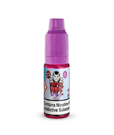 A small e-liquid bottle with a purple cap and pink label displaying "Vampire Vape" branding. The label features a cartoon character and reads "Vampire Vape Nic Salts Pinkman - 10ml," highlighting its high nicotine content. Text at the bottom warns, "Contains Nicotine. Nicotine is an Addictive Substance.