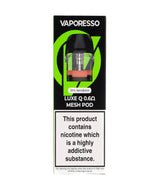 A Vaporesso Luxe Q Replacement Pods - 4 Pack box with a visible pod device inside. The package features a prominent warning label about nicotine being a highly addictive substance.