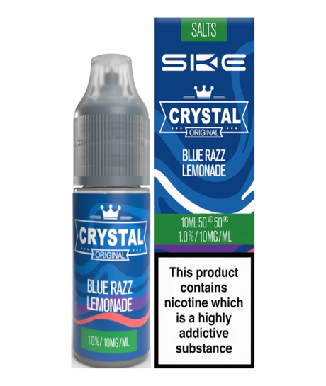 Product image showing a bottle of "Crystal SKE Blue Razz Lemonade" nic salt e-liquid, in 10ml size with a nicotine strength of 10mg/ml. Includes packaging.