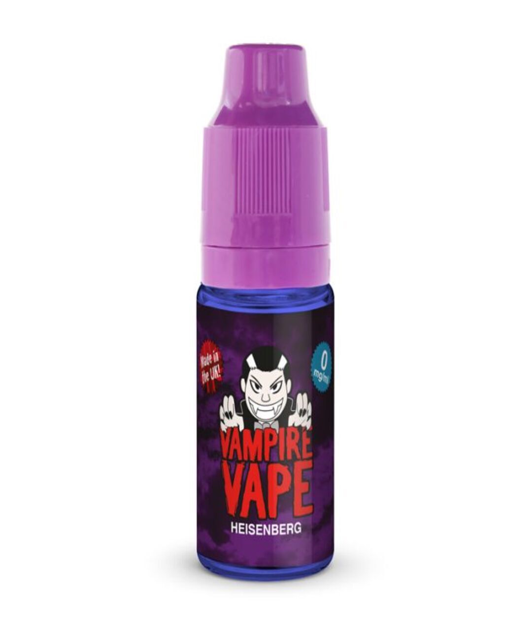 A bottle of Vampire Vape Heisenberg E-Liquid with a dark purple cap. The label features a cartoonish vampire character and text indicating zero nicotine content and menthol flavor.