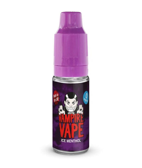 A small bottle of Vampire Vape e-liquid with a purple screw cap. The label reads "Vampire Vape Ice Menthol - 10ml" with an illustration of a cartoon vampire face above the text. The background of the label is dark purple, perfectly capturing the essence of this frosty menthol delight.