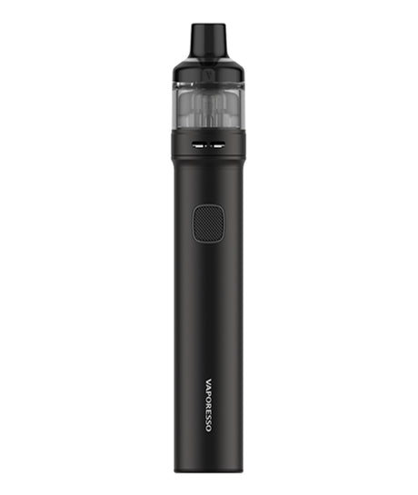 A sleek, black Vaporesso GTX Go 80 Kit stands upright. This vaping device features a cylindrical shape with a transparent top section and a power button on its front. The brand name, "Vaporesso," is printed vertically near the bottom, showcasing its advanced leak-resistant technology.