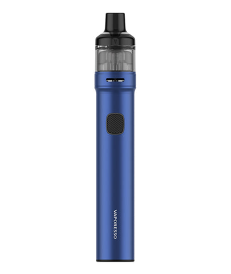 A blue Vaporesso GTX Go 80 Kit with a black mouthpiece and a transparent tank. The kit features a button on its front and has the brand name "Vaporesso" printed vertically near the bottom, showcasing advanced leak-resistant technology for a seamless vaping experience.