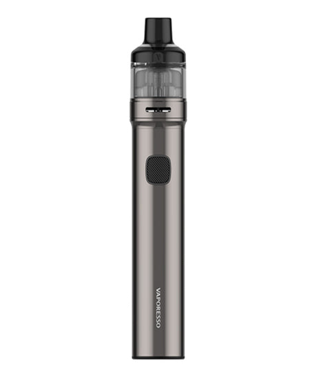 A sleek, cylindrical vape device with a metallic body and a transparent pod on top. The word "VAPORESSO" is written vertically on the lower section of the device. The Vaporesso GTX Go 80 Kit features leak-resistant technology, and its black mouthpiece is situated at the top of the transparent pod.