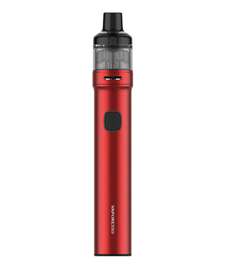 A sleek, red vaporizer with a cylindrical design. It has a transparent top section for the e-liquid chamber and a black mouthpiece. The body has a single rectangular button, features leak-resistant technology, and the brand name "Vaporesso GTX Go 80 Kit" is printed vertically at the bottom.