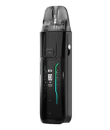 A black, modern Vaporesso Luxe XR Max vaping device with a digital display showing wattage, battery status, and puff counter, featuring a refillable pod and USB charging port.