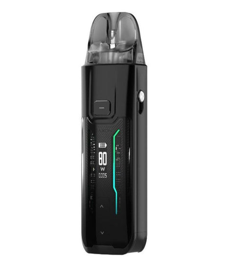 A black, modern Vaporesso Luxe XR Max vaping device with a digital display showing wattage, battery status, and puff counter, featuring a refillable pod and USB charging port.