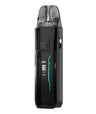 A black, modern Vaporesso Luxe XR Max vaping device with a digital display showing wattage, battery status, and puff counter, featuring a refillable pod and USB charging port.