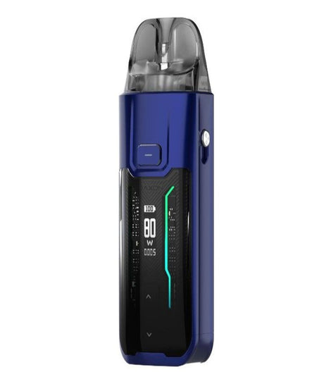 Vaporesso Luxe XR Max electronic cigarette or vaping device in blue, designed for both MTL/DTL vaping, featuring a digital display showing battery level and wattage settings, with a clear tank on top.