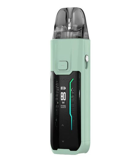 A mint green Vaporesso Luxe XR Max electronic vaping device with a digital display showing wattage and other settings, equipped with a GTX coil and a refillable pod at the top.