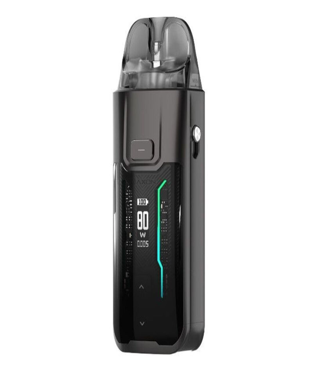 A black, modern Vaporesso Luxe XR Max vape device with a digital display showing power settings, a visible pod on top, and a green accent on its design.