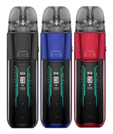 Three Vaporesso Luxe XR Max vape devices in black, blue, and red colors, each displaying a digital screen with battery life and wattage settings.