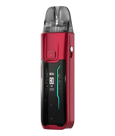 A digital red Vaporesso Luxe XR Max device with a clear top, featuring a GTX coil, a display showing battery life, wattage settings, and a puff counter, accompanied by a side activation button.
