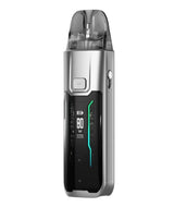 A Vaporesso Luxe XR Max electronic cigarette, or vape, featuring a digital display showing 80 watts and puff timer. The device has a sleek design with metallic finish and a visible e-liquid chamber at the top.