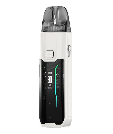 A modern white Vaporesso Luxe XR Max vaping device with a digital display showing wattage and puff count. The gadget has a transparent top section revealing the e-liquid capsule.