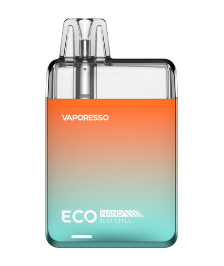 A colorful Vaporesso Eco Nano Kit vaping device with an ombre design transitioning from orange to teal. The device features clear branding, a visible mouthpiece, and incorporates COREX heating technology.