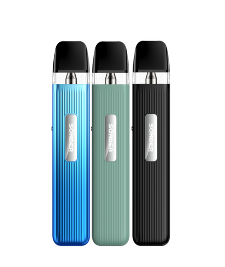 Three Geekvape sonder Q kits in blue, green, and black, each labeled "Geekvape Sonder Q kit." They have a sleek design with a transparent upper section showing the internal cartridge and feature Mouth to Lung (MTL) technology.