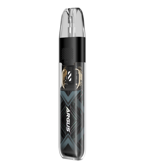 A sleek black electronic cigarette with a transparent MTL vaping pod at the top, displaying the "Voopoo Argus P1s Pod Kit" brand logo with geometric patterns in blue and silver accents.