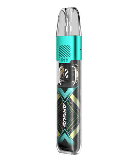 A modern Voopoo Argus P1s Pod Kit e-cigarette, with a transparent body showcasing internal mechanics, featuring a digital display and turquoise and black design accents.