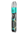 A modern Voopoo Argus P1s Pod Kit e-cigarette, with a transparent body showcasing internal mechanics, featuring a digital display and turquoise and black design accents.