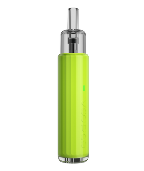 A neon green Voopoo Doric Q Pod Kit portable vaporizer with a silver mouthpiece and branding on its body, isolated on a white background.