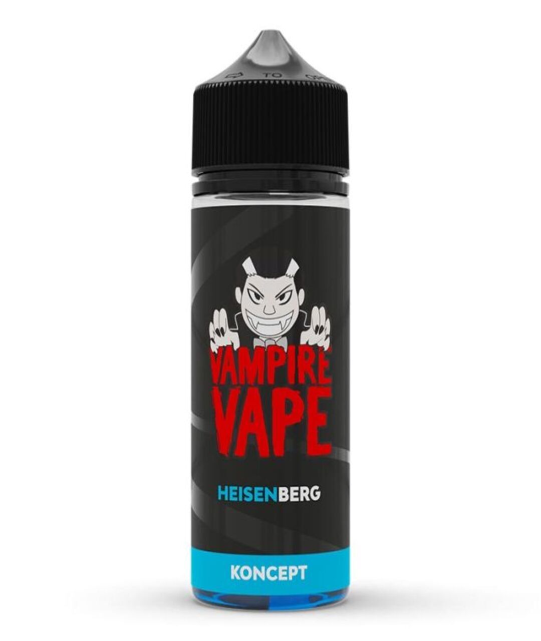 A bottle of "Vampire Vape Heisenburg - 100ml" with a cartoon vampire graphic and red text, standing against a white background.